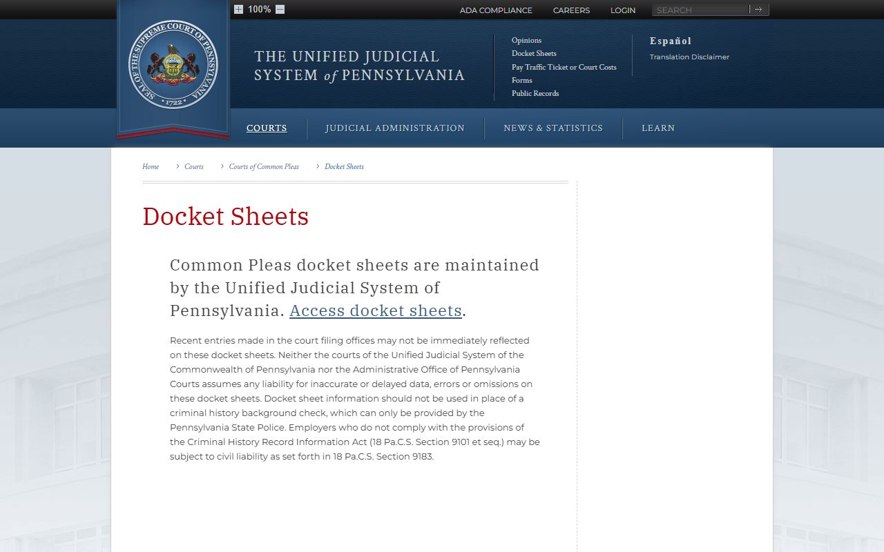 Lancaster County court dockets docket sheet explanation