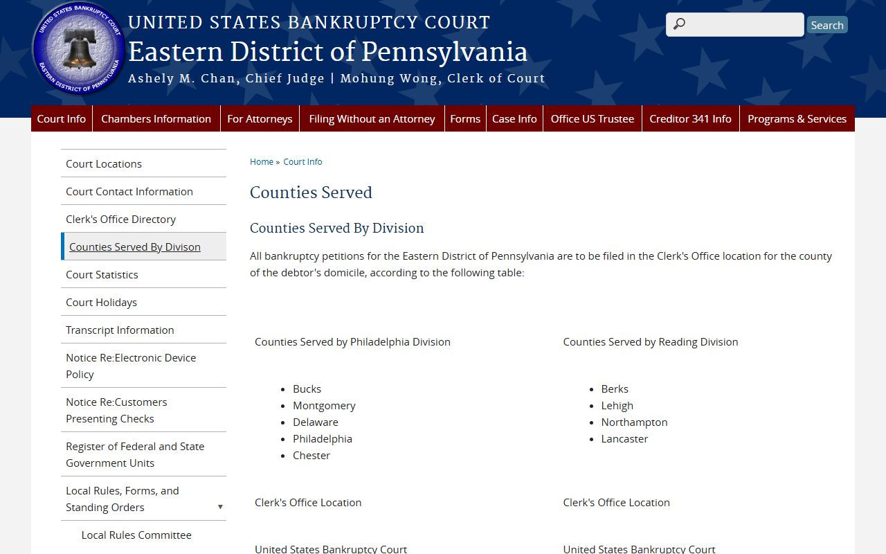 Lancaster County court records bankruptcy counties served Reading Division