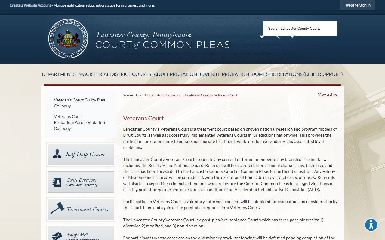 Lancaster County Court of Common Pleas Veterans Court program page