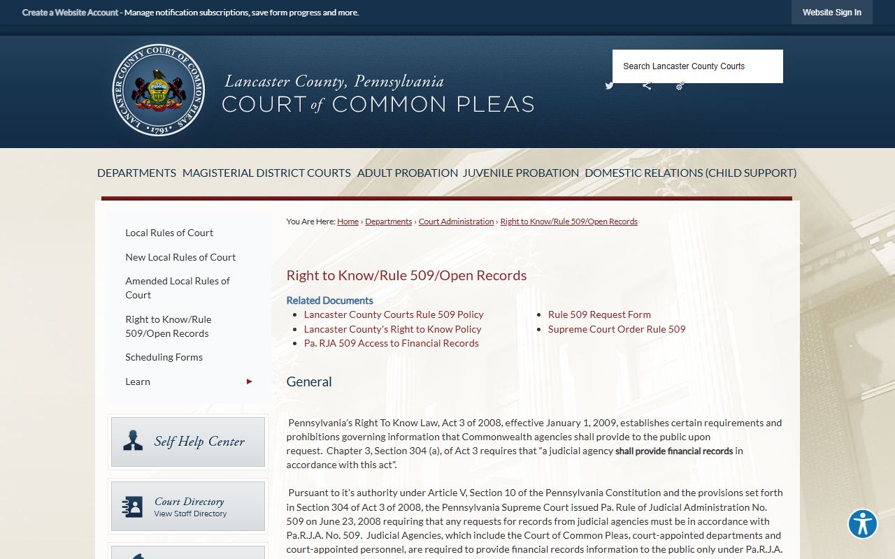 Lancaster County court records Court Rule 509 open records page