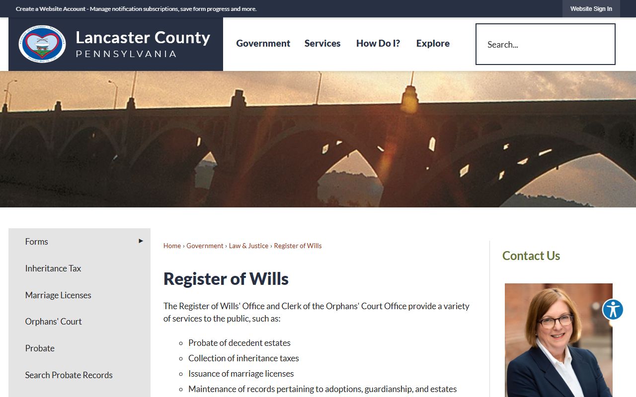 Lancaster County Orphans' Court Register of Wills office page