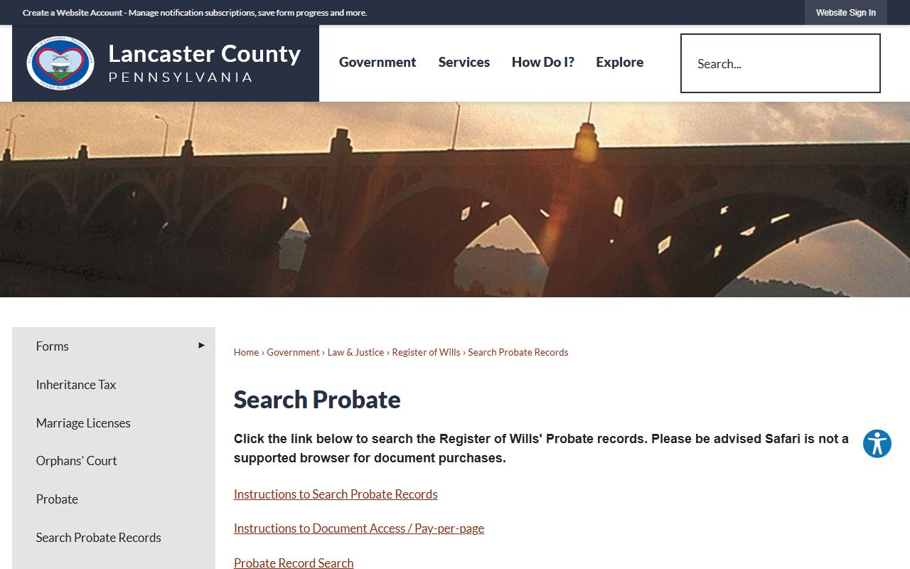 Lancaster County probate records search and document purchase page