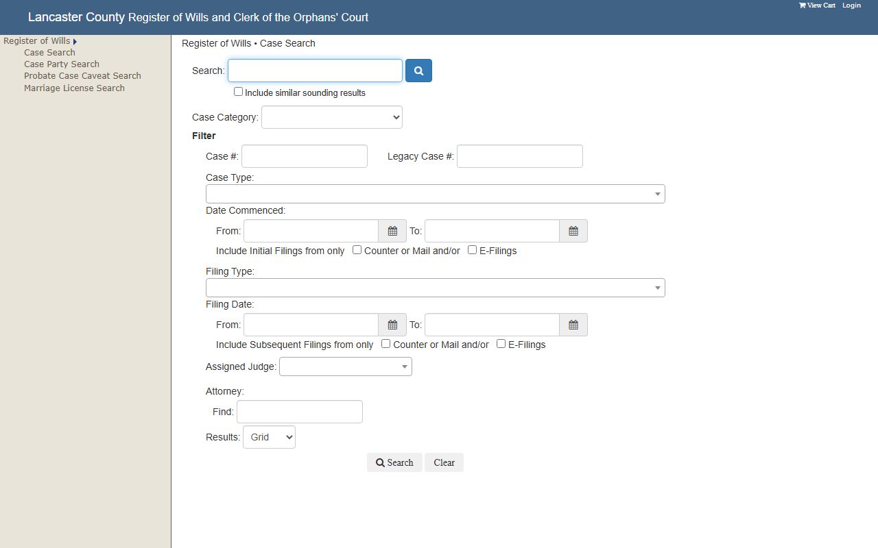 Lancaster County Orphans' Court probate case search portal