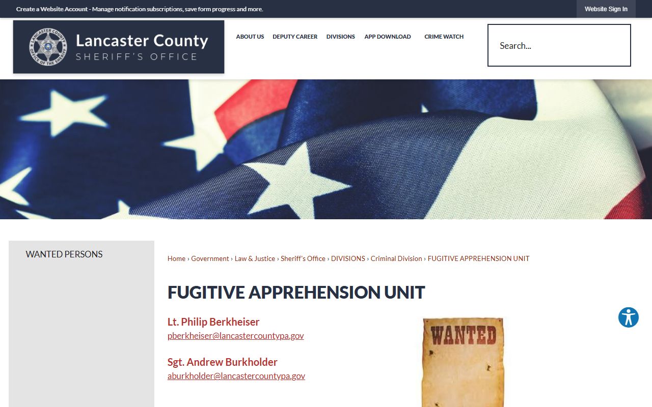 Lancaster County warrant records fugitive apprehension unit scope